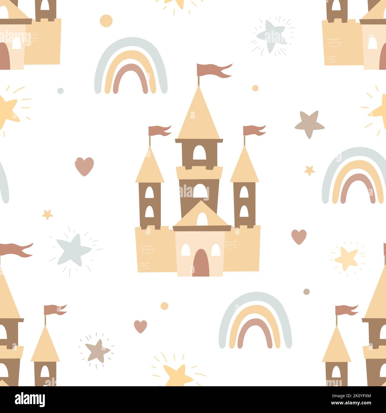 Scandinavian seamless pattern with cute rainbows and castles. Cartoon nursery fairy print, pastel palette Vector illustration Stock Vector