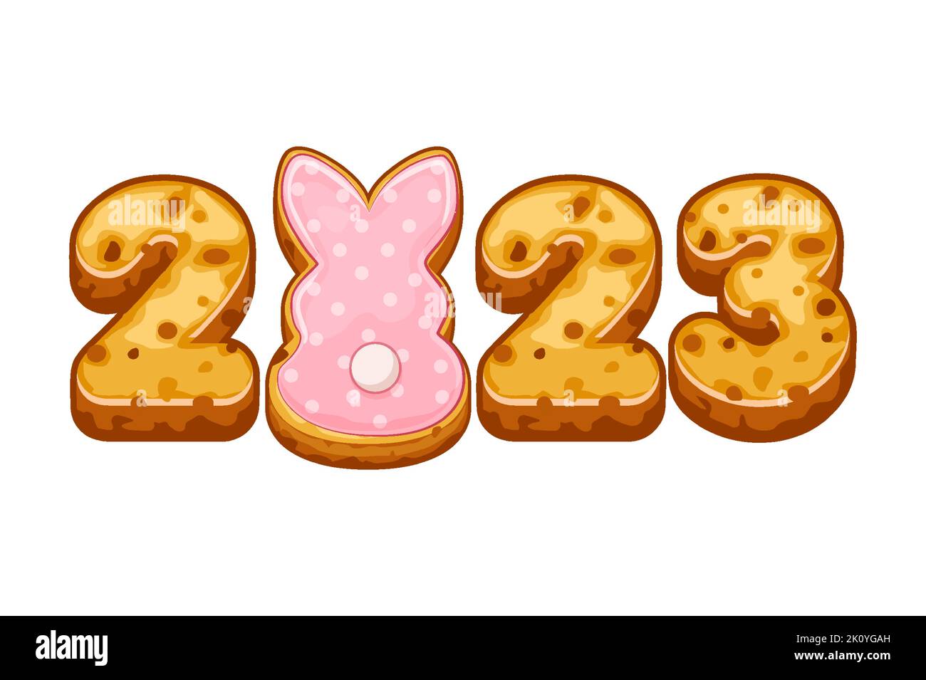 Biskvit cookies with 2023 and rabbit. Happy New Year 2023, Greeting card template Stock Vector