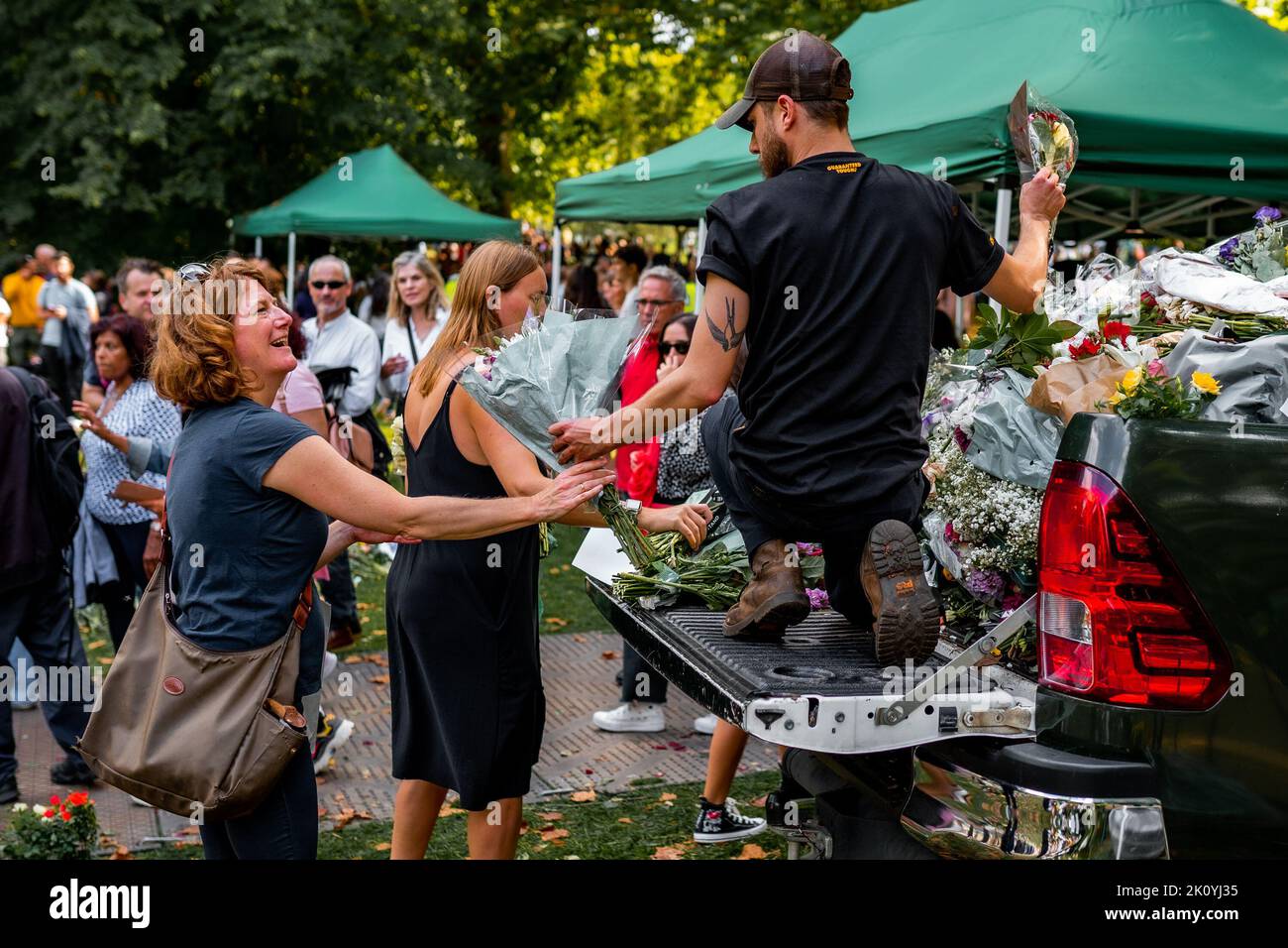 Members of the public help Parks staff to lay floral tributes to Queen Elizabeth II after her death, Green Park, London, Sunday 11 September 2022 Stock Photo