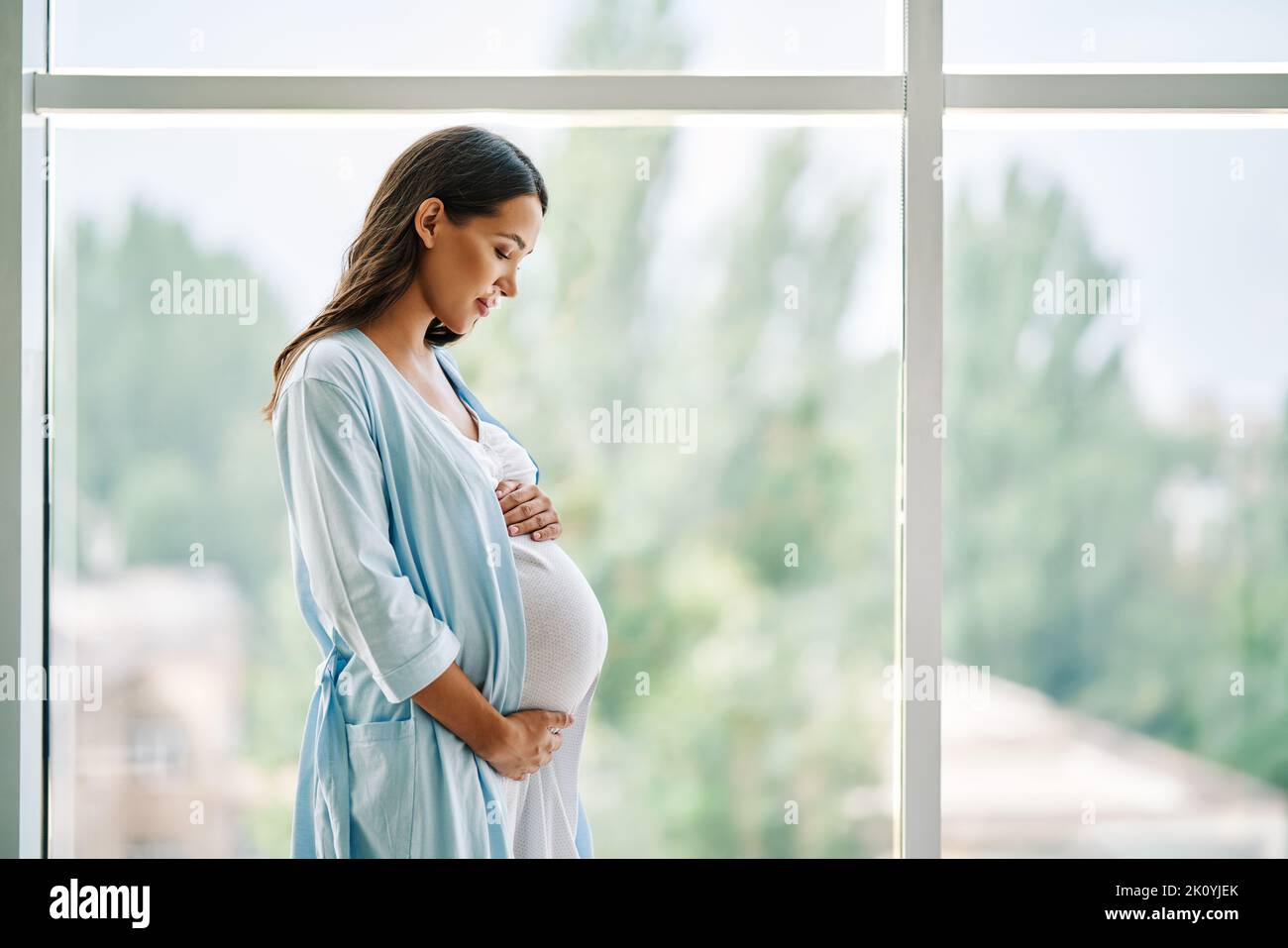 Portrait of young pregnant woman standing near window holding hands on her belly at modern home with copy space. Pregnancy, motherhood, expectation an Stock Photo