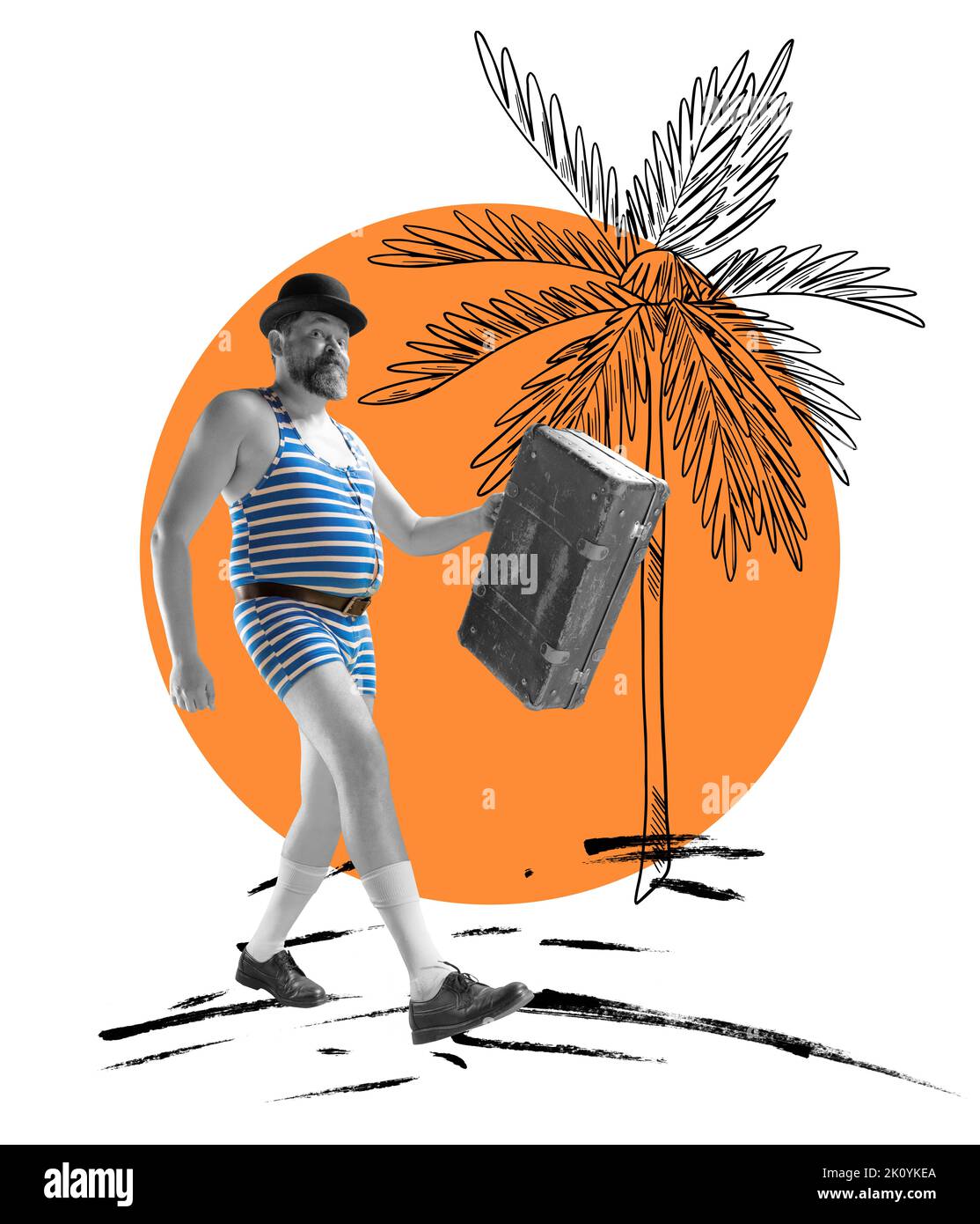 Contemporary art collage. Cheerful man in striped vintage swimming suit and suitcase walking on beach near palms Stock Photo