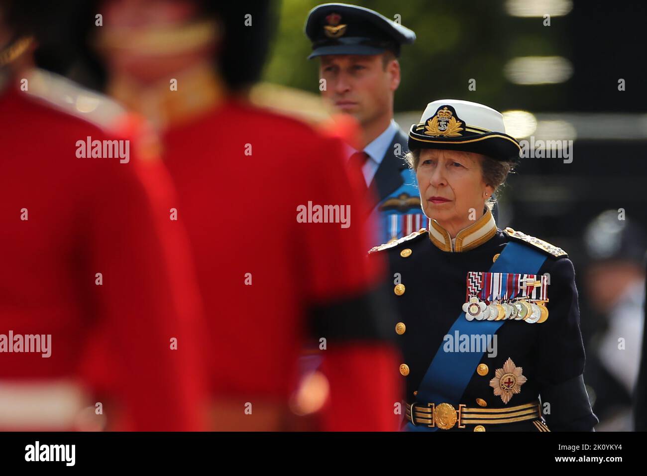 The Princess Royal and the Prince of Wales walk behind the coffin of Queen Elizabeth II during the ceremonial procession from Buckingham Palace to Westminster Hall, London, where it will lie in state ahead of her funeral on Monday. Picture date: Wednesday September 14, 2022. Stock Photo