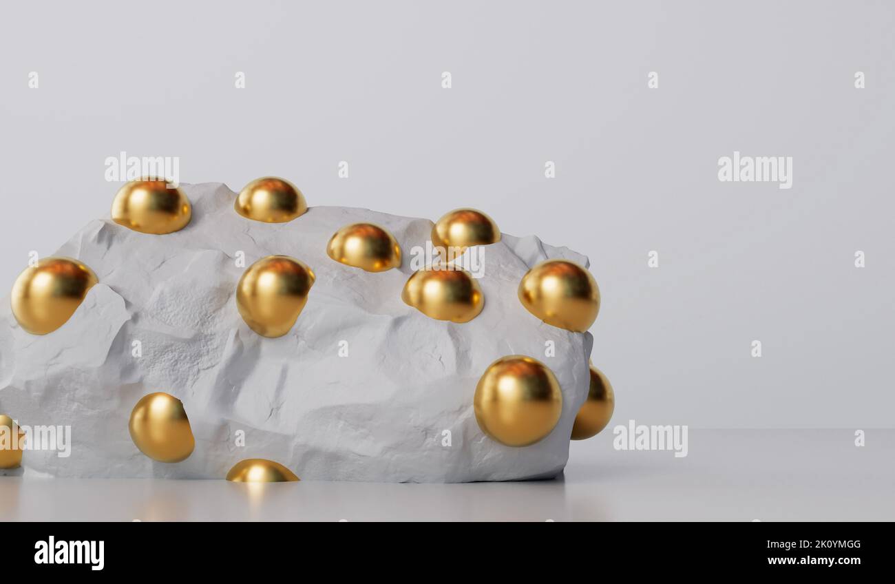 Abstract white stone rock with gold spheres. Product and cosmetic display showcase background. 3D Rendering Stock Photo