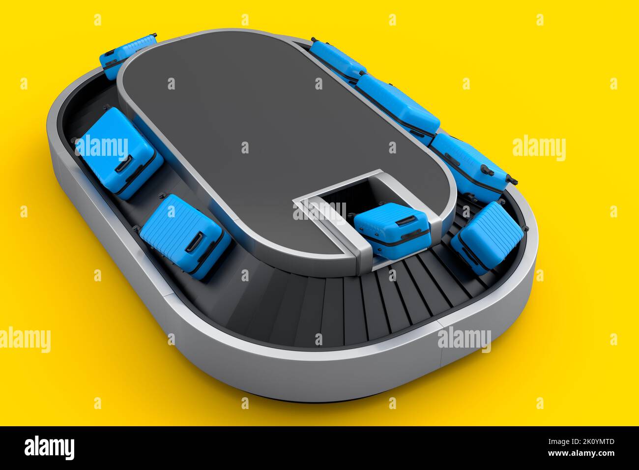 Airport luggage conveyor belt or baggage claim area with suitcases on yellow background. 3d
