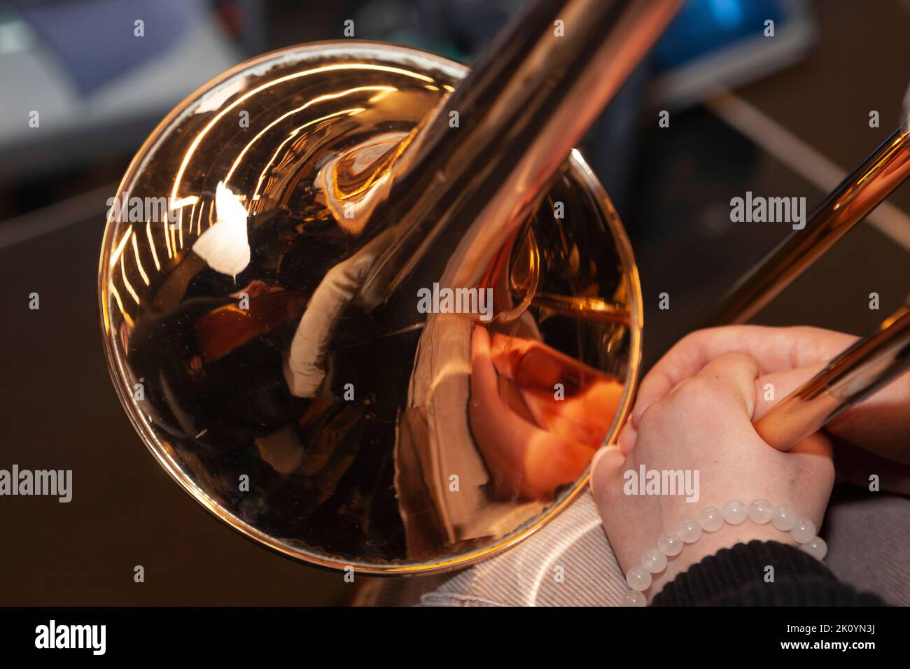 Close-up of the bell of a trombone Stock Photo