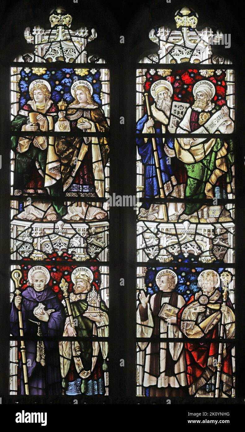 Stained glass window by Percy Bacon & Brothers depicting Christian  Saints and Doctors of the Church, All Hallows Church, Kea, Cornwall Stock Photo