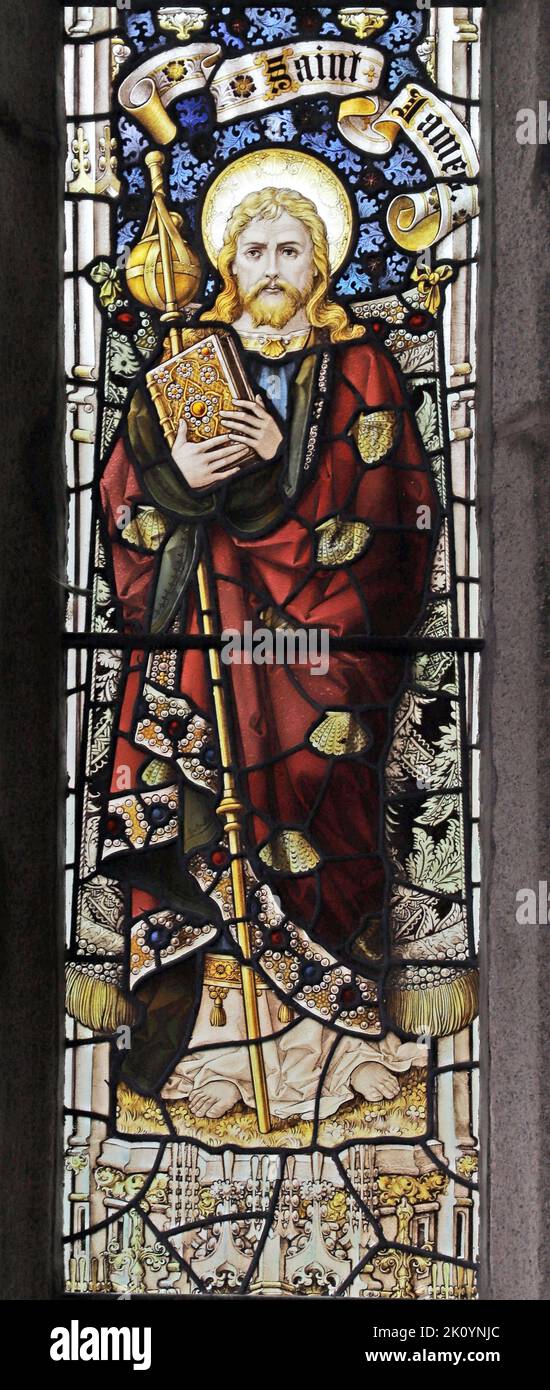 Stained glass window by Percy Bacon & Brothers depicting St James, St James Church St Kew, Cornwall Stock Photo