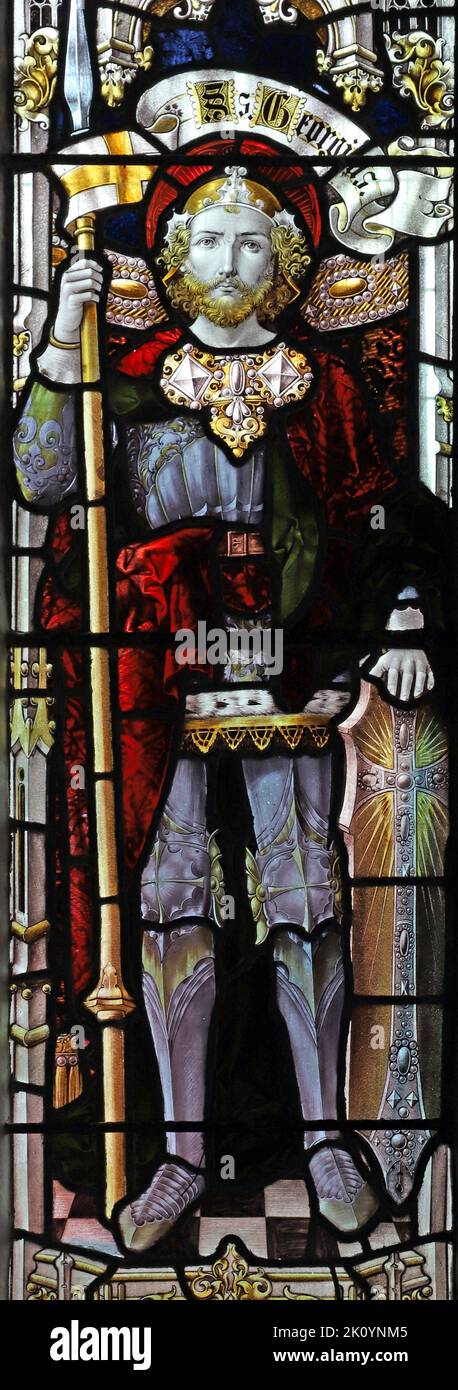 Stained glass window by Percy Bacon & Brothers depicting St George, St Sidwell's Church, Laneast, Cornwall Stock Photo