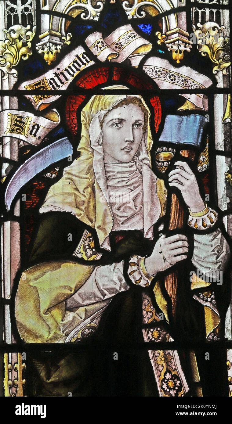 Stained glass window by Percy Bacon & Brothers depicting St Sativola (or Sidwell), St Sidwell's Church, Laneast, Cornwall Stock Photo