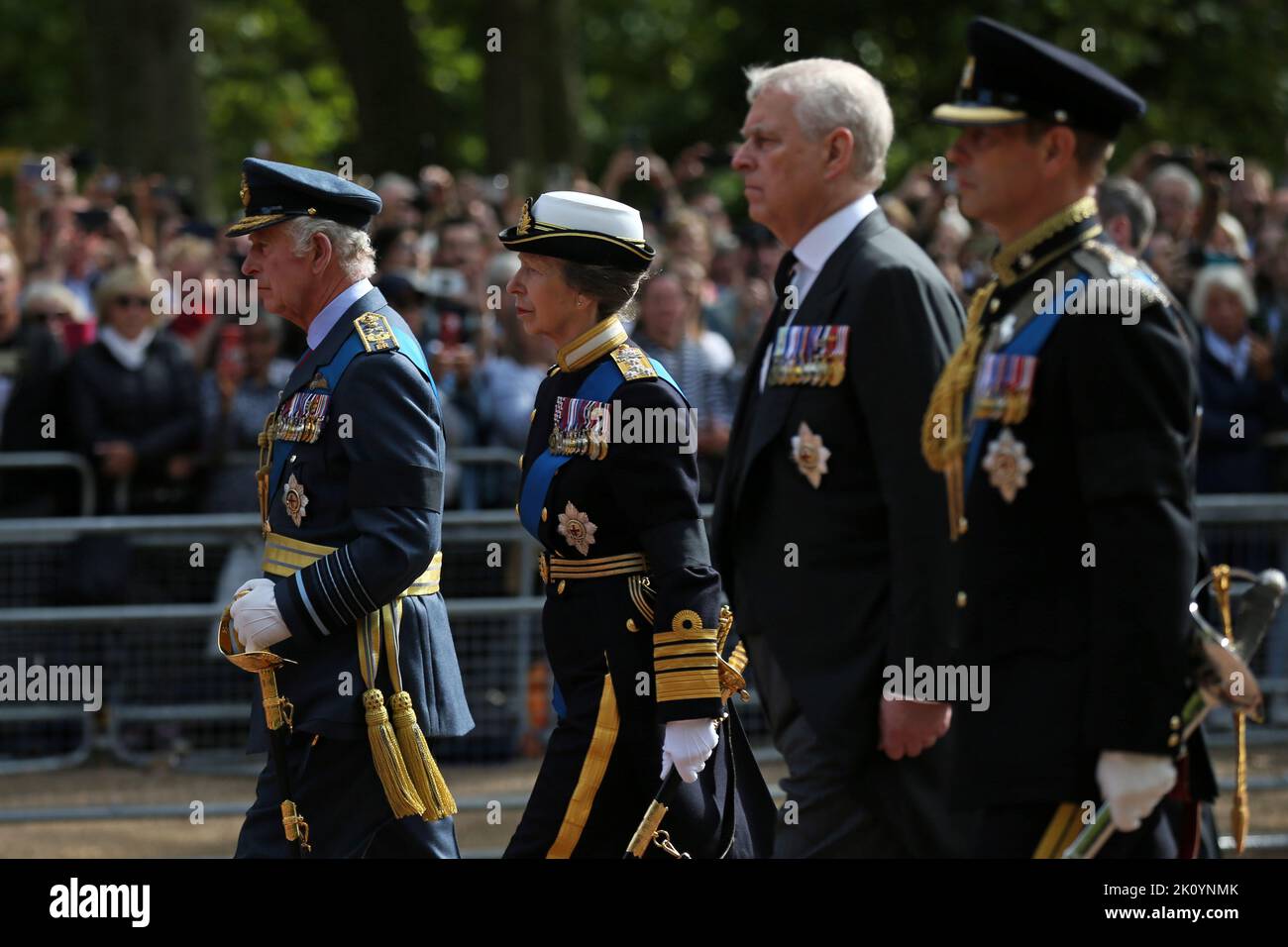 (left to right) King Charles III, the Princess Royal, the Duke of York and the Earl of Wessex walk behind the coffin of Queen Elizabeth II during the ceremonial procession from Buckingham Palace to Westminster Hall, London, where it will lie in state ahead of her funeral on Monday. Picture date: Wednesday September 14, 2022. Stock Photo