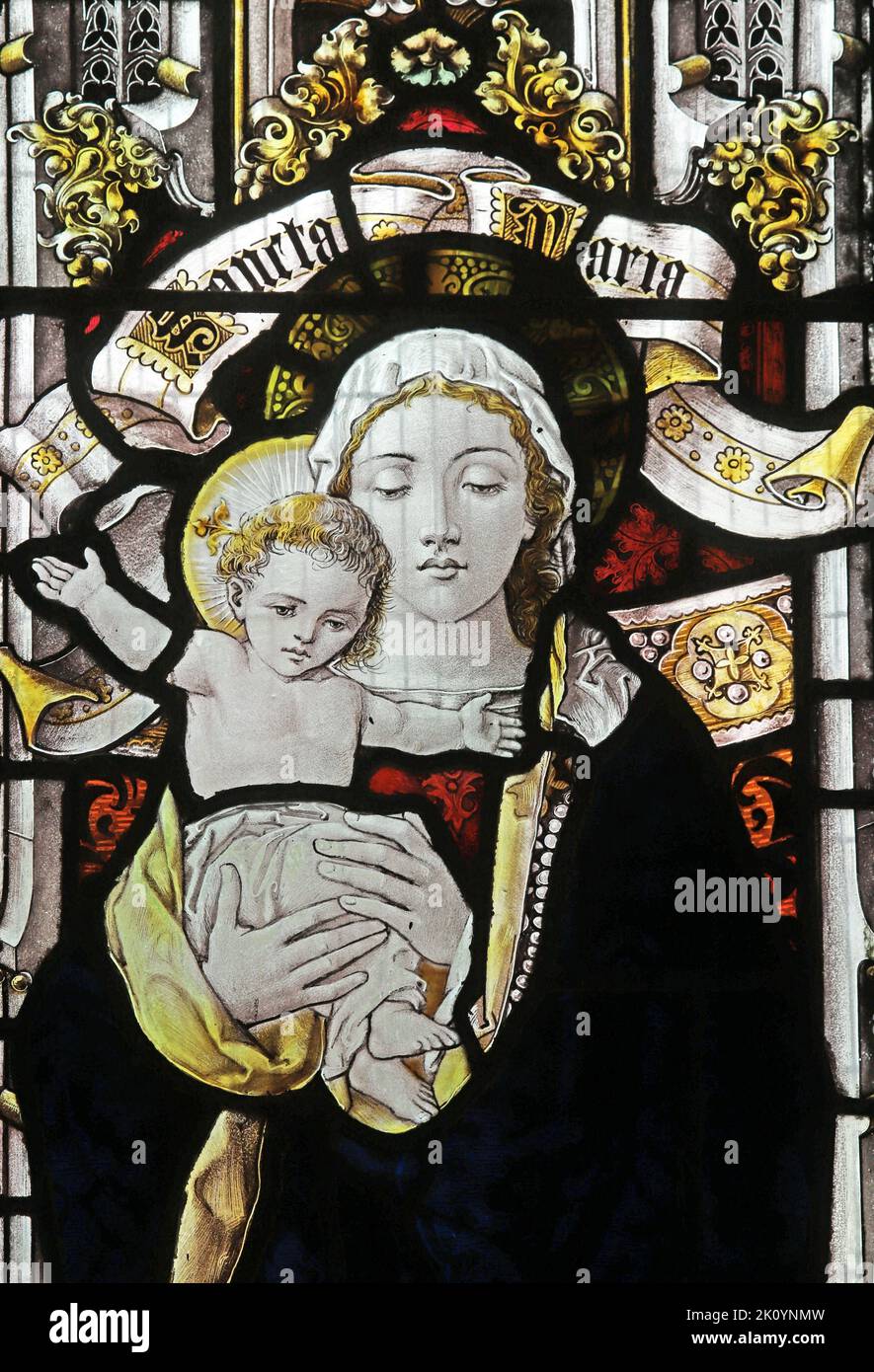 Stained glass window by Percy Bacon & Brothers depicting The Blessed Virgin Mary and Infant Jesus, St Sidwell's Church, Laneast, Cornwall Stock Photo