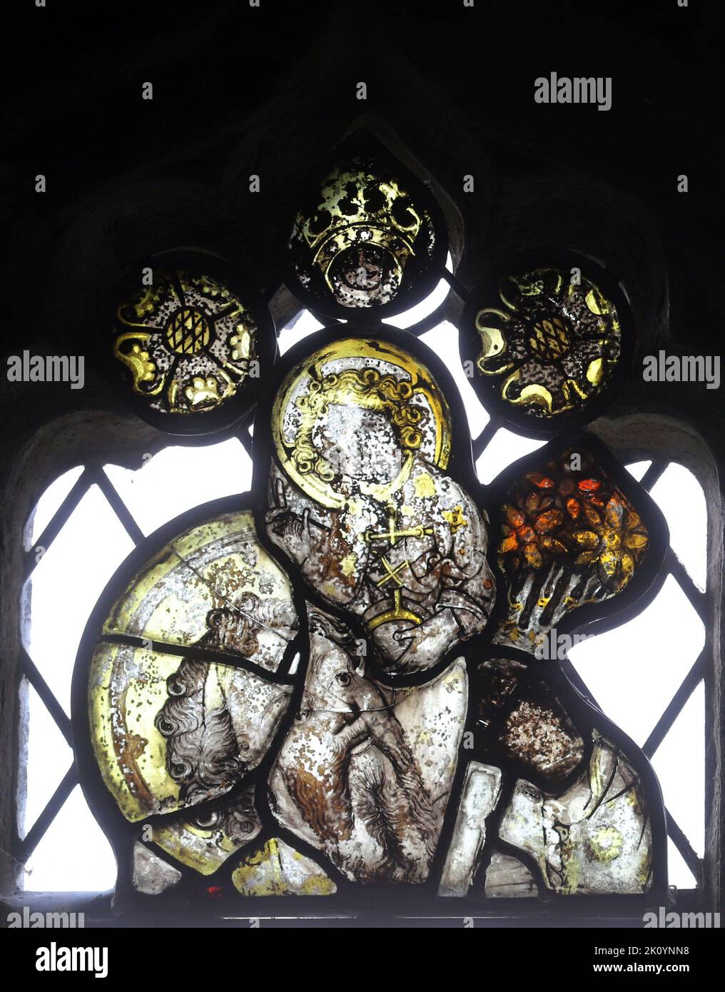 15th century stained glass depicting St Christopher carrying Christ across the river, St Sidwell's Church, Laneast, Cornwall Stock Photo
