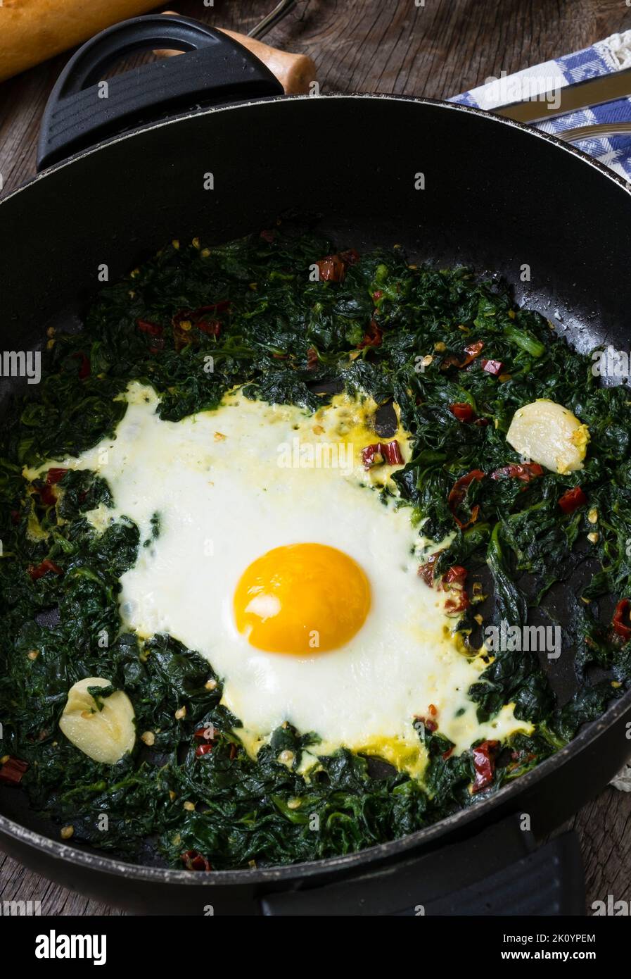 A pan with fried egg, spinach and potatoes Stock Photo - Alamy