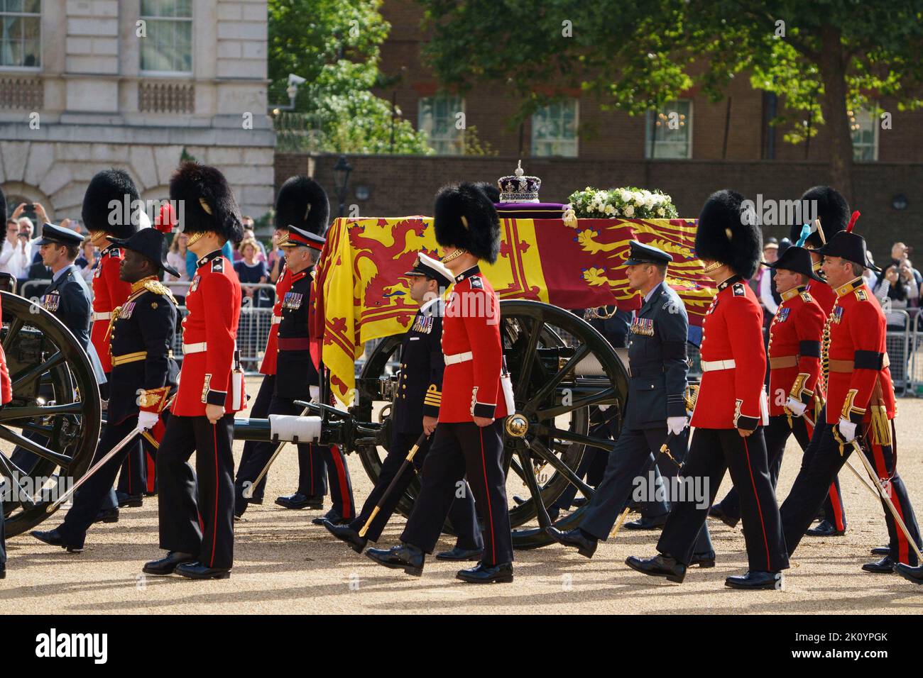 LONDON - SEPTEMBER 14: The procession of Queen Elizabeth II's coffin passes across Horse Guards Parade, travelling from Buckingham Palace to Westminster Hall. Walking behind the coffin are Prince's William and Harry, Prince Edward, Prince Andrew, Princess Anne, along with King Charles III, as it is carried on a gun carriage, followed by other members of the Royal Family, on September 14, 2022. Credit: David Levenson/Alamy Live News Stock Photo