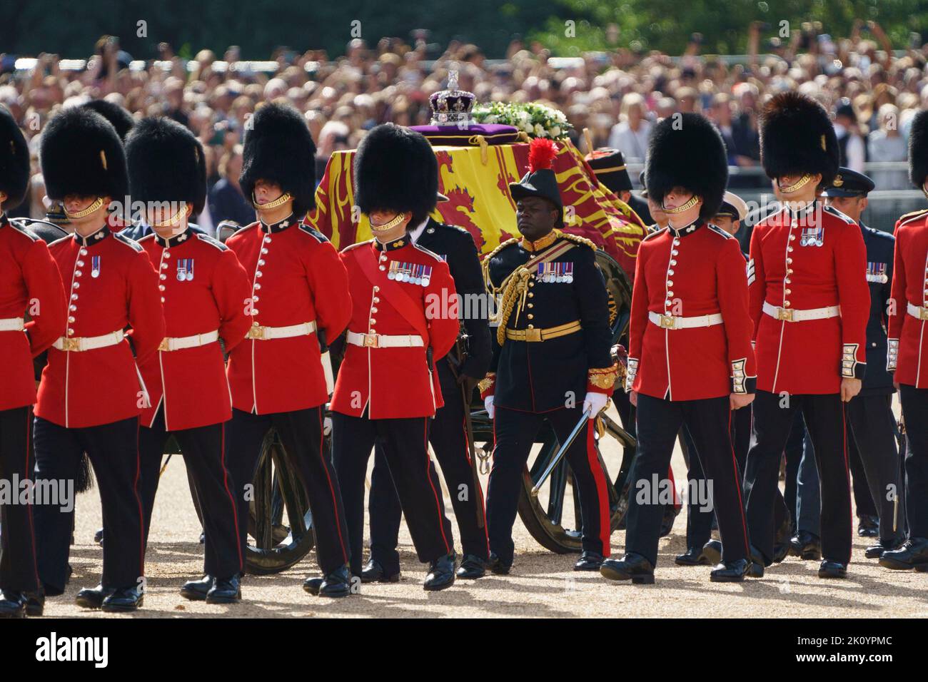 LONDON - SEPTEMBER 14: The procession of Queen Elizabeth II's coffin passes across Horse Guards Parade, travelling from Buckingham Palace to Westminster Hall. Walking behind the coffin are Prince's William and Harry, Prince Edward, Prince Andrew, Princess Anne, along with King Charles III, as it is carried on a gun carriage, followed by other members of the Royal Family, on September 14, 2022. Credit: David Levenson/Alamy Live News Stock Photo