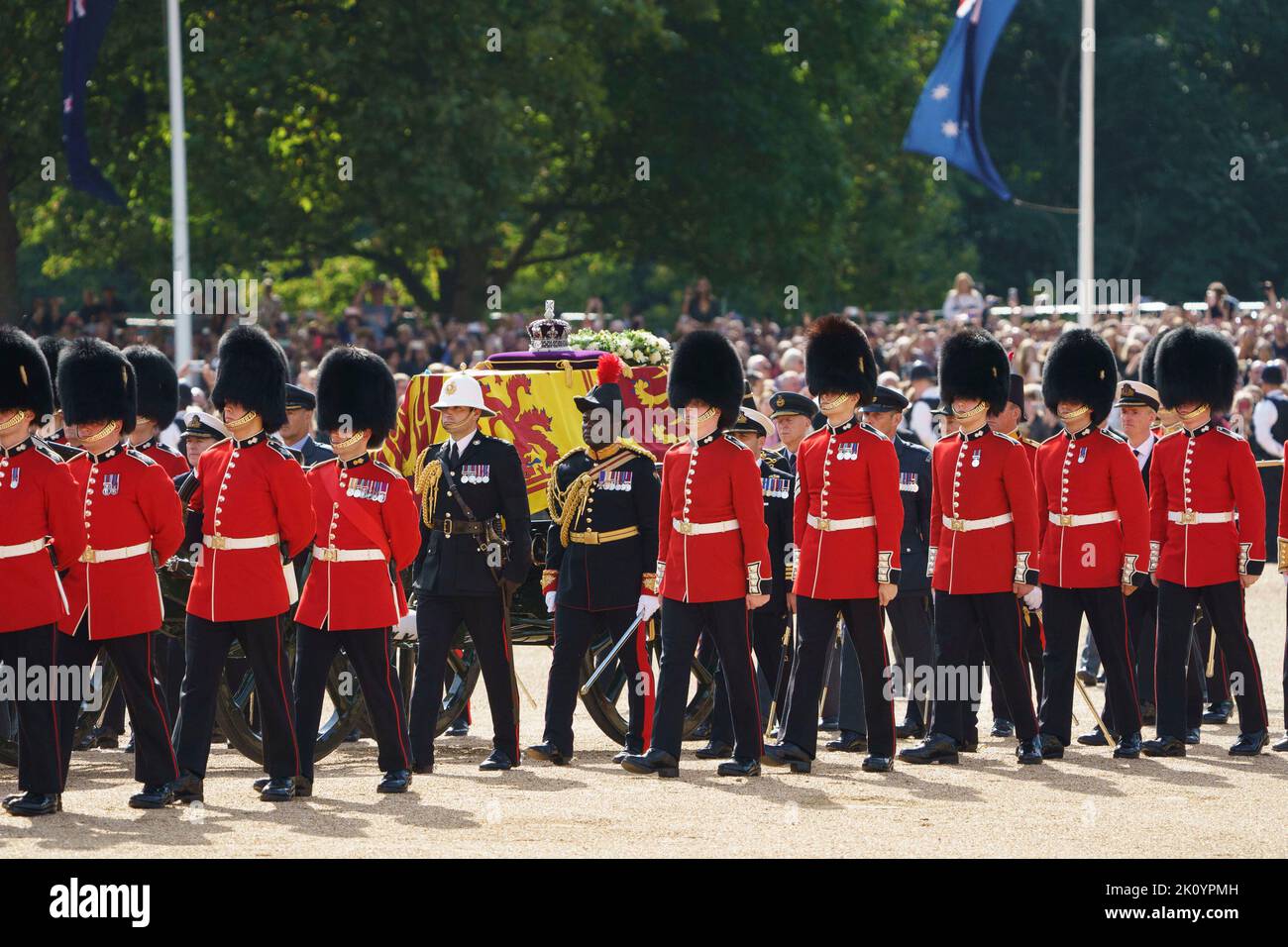 LONDON - SEPTEMBER 14: The procession of Queen Elizabeth II's coffin passes across Horse Guards Parade, travelling from Buckingham Palace to Westminster Hall. Walking behind the coffin are Prince's William and Harry, Prince Edward, Prince Andrew, Princess Anne, along with King Charles III, as it is carried on a gun carriage, followed by other members of the Royal Family, on September 14, 2022. Credit: David Levenson/Alamy Live News Stock Photo