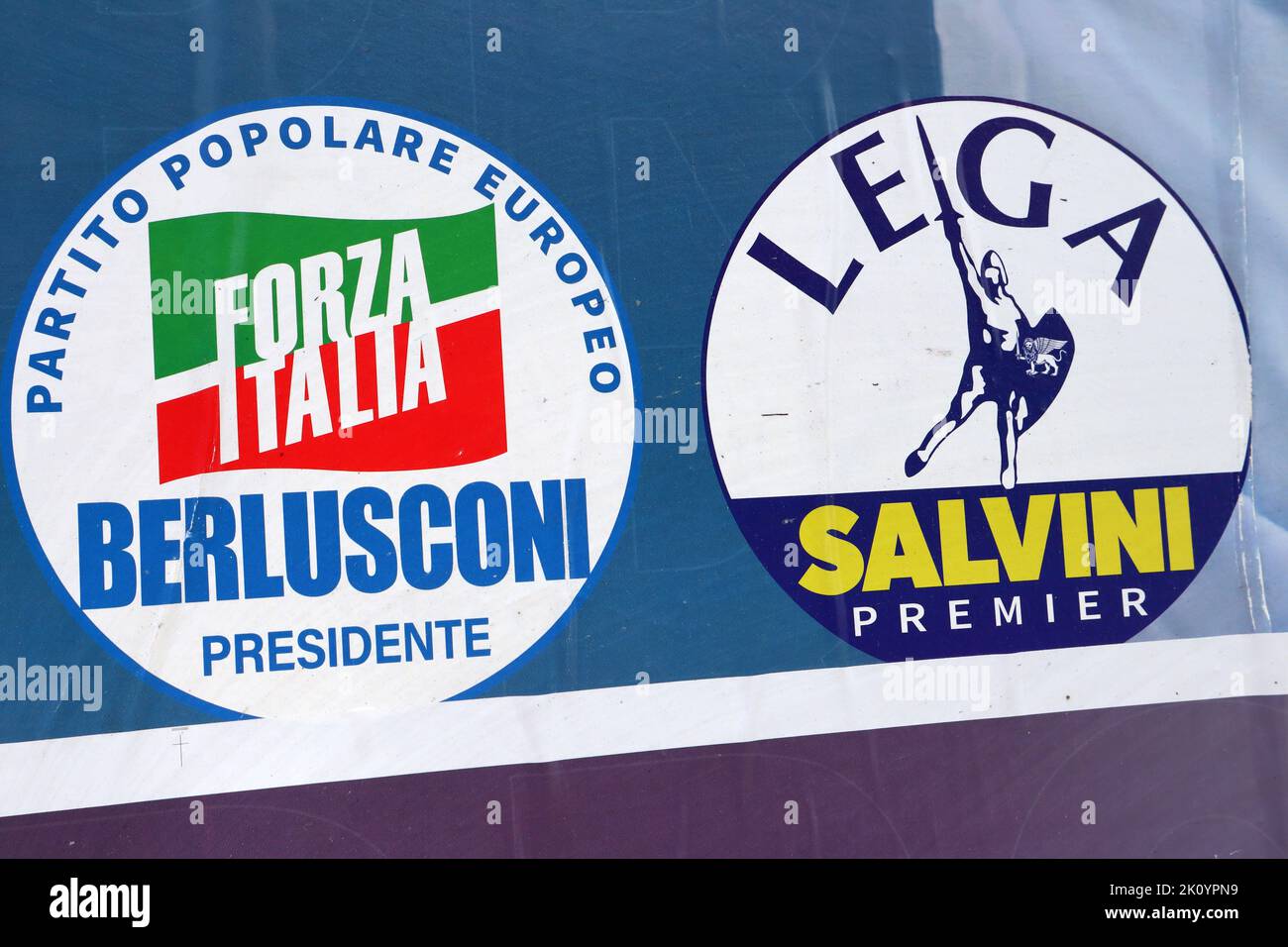 Detail of Italian Election wall poster with symbols of FORZA ITALIA Berlusconi and LEGA Salvini for Election day of September 25, 2022 Stock Photo