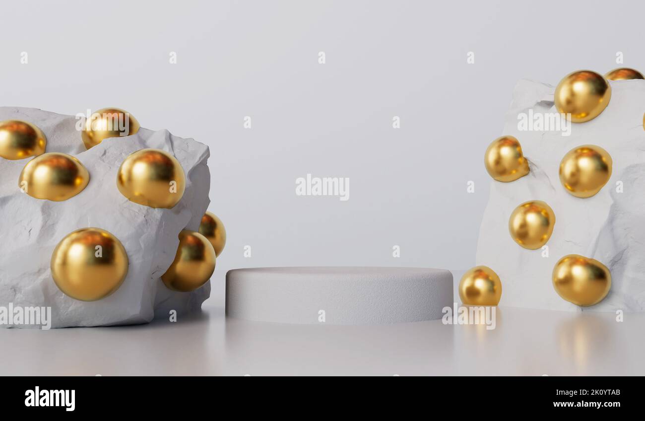 Abstract white stone rock with gold spheres. Product and cosmetic display showcase background. 3D Rendering Stock Photo