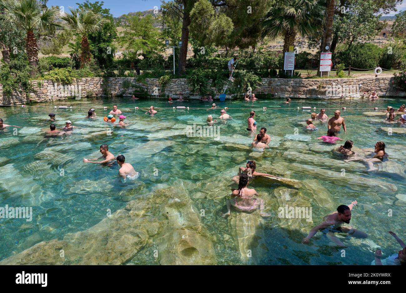 natural swimming pool with columns in Greek Hierapolis ,Pamukkale Archeological Site, Pamukkale, Denizli, Turkey Stock Photo