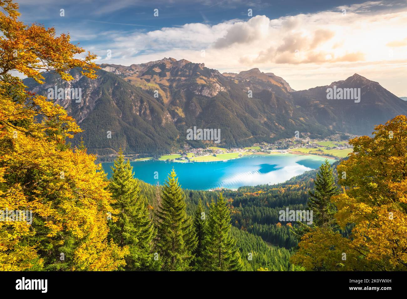 Turquoise Achensee lake near Innsbruck at peaceful autumn, Tyrol , Austria Stock Photo