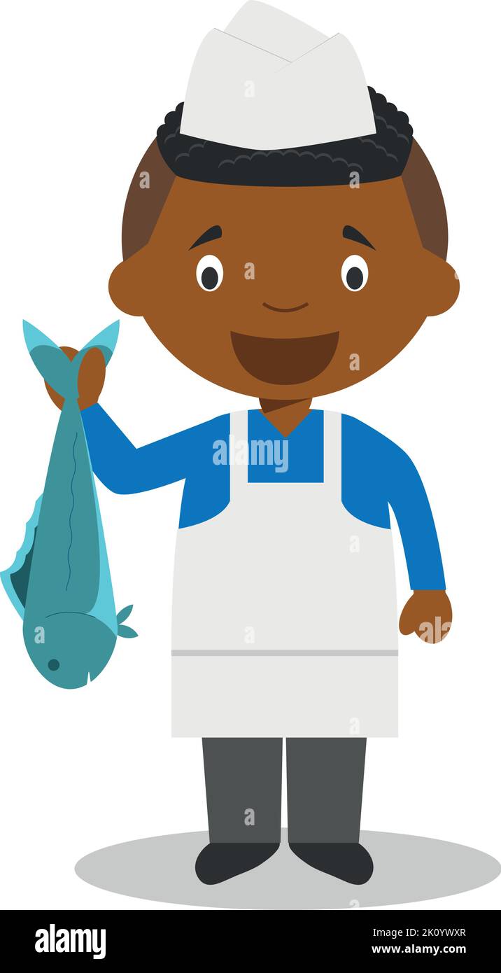 Cute cartoon vector illustration of a black or african american male fishmonger. Stock Vector