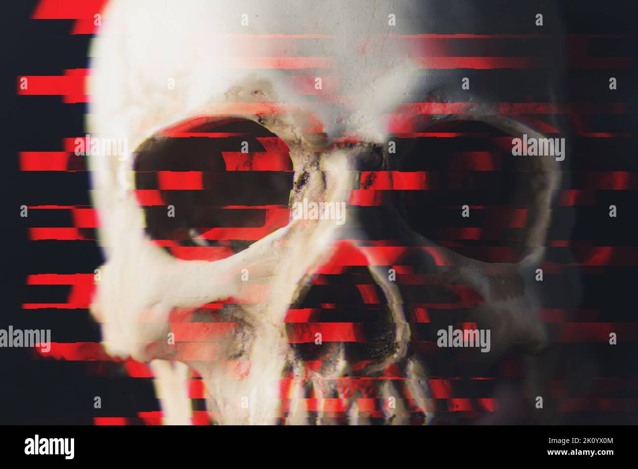 Closeup illustration of white human skull agains black background with red diffused light pixels chromatic aberration. Gothic vibes. Death concept. High quality illustration Stock Photo