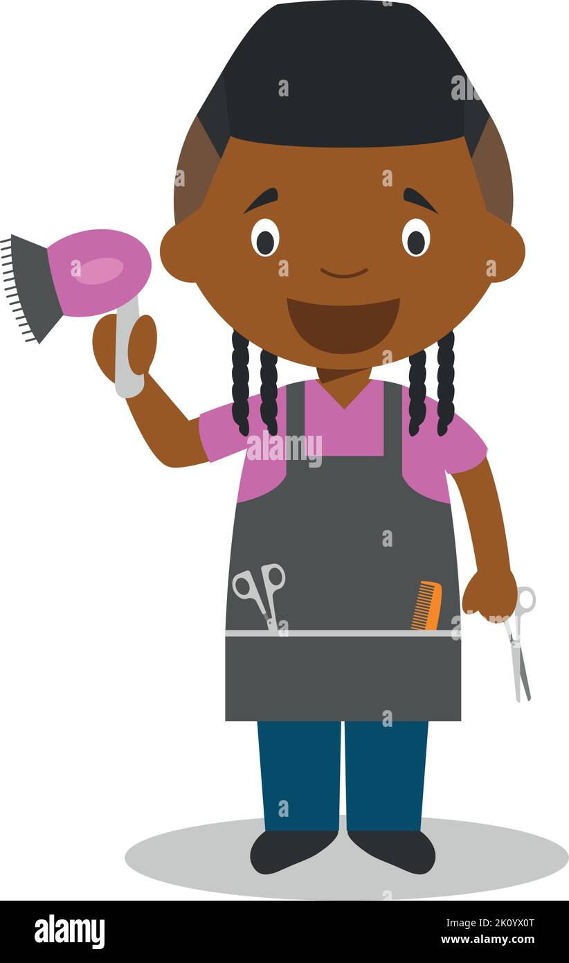 Cute cartoon vector illustration of a black or african american hairdresser. Stock Vector