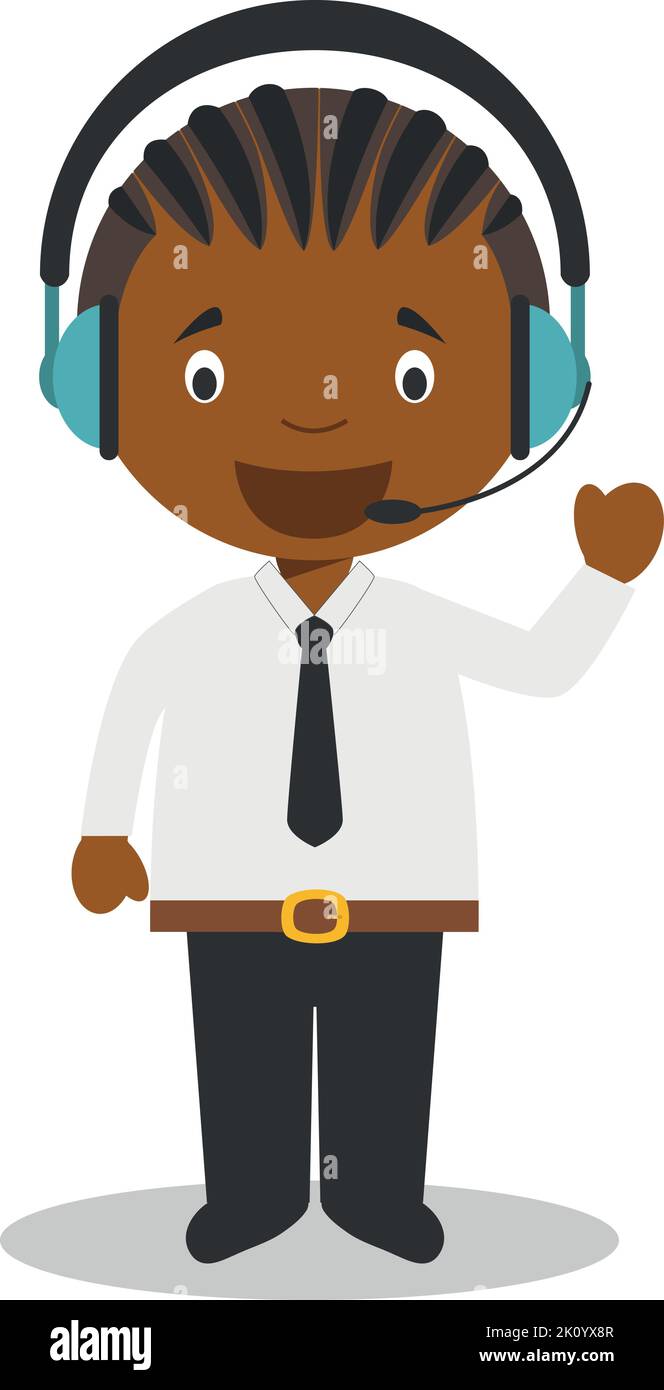 Cute cartoon vector illustration of a black or african american male telemarketing phone operator. Stock Vector