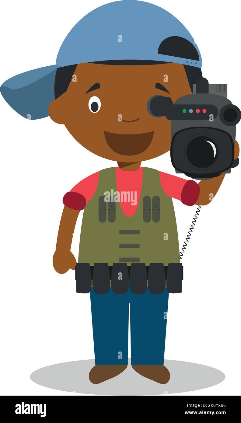 Cute cartoon vector illustration of a black or african american male cameraman. Stock Vector