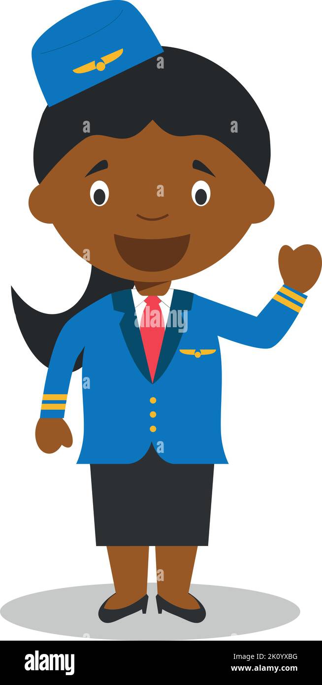 Cute cartoon vector illustration of a black or african american stewardess. Stock Vector
