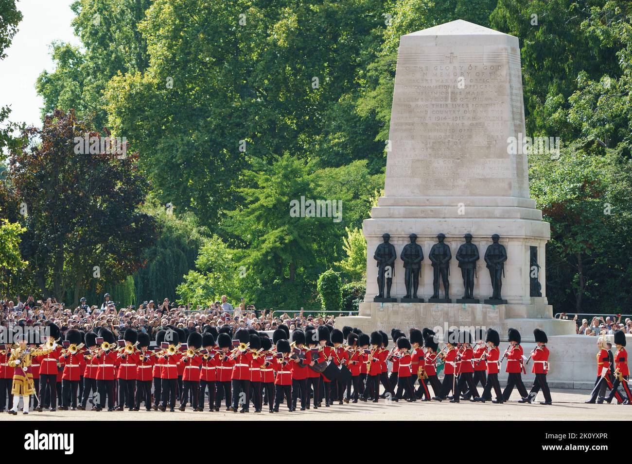 LONDON - SEPTEMBER 14: The procession of Queen Elizabeth II’s coffin passes across Horse Guards Parade, travelling from Buckingham Palace to Westminster Hall. Walking behind the coffin are Prince’s William and Harry, Prince Edward, Prince Andrew, Princess Anne, along with King Charles III, as it is carried on a gun carriage, followed by other members of the Royal Family, on September 14, 2022. Photo by David Levenson Stock Photo