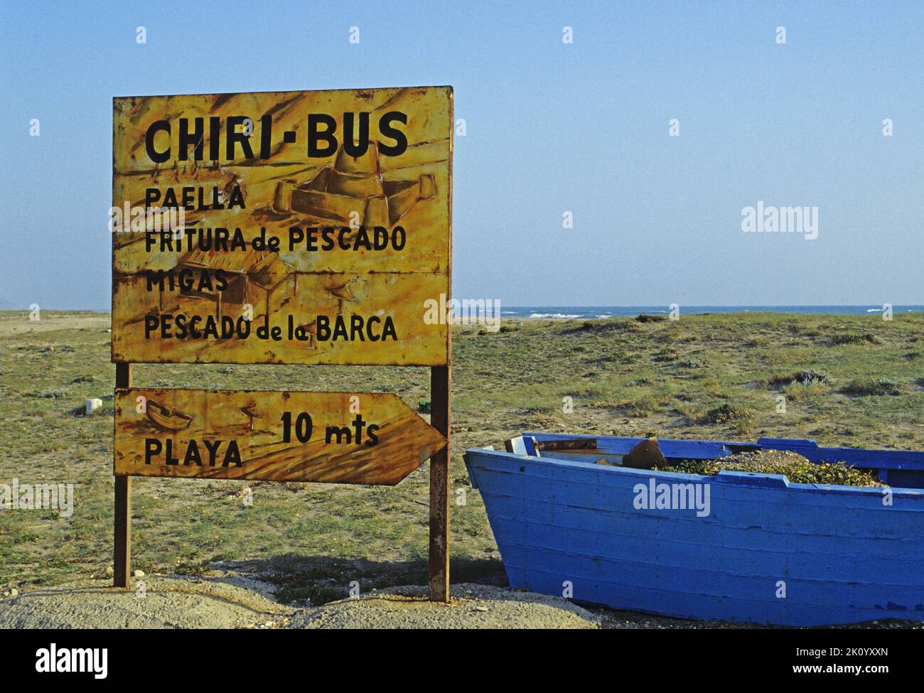 a signboard advertising a small restaurant on the beach, Cabo de Gata, Costa de Almeria,  Andalusia, Spain Stock Photo