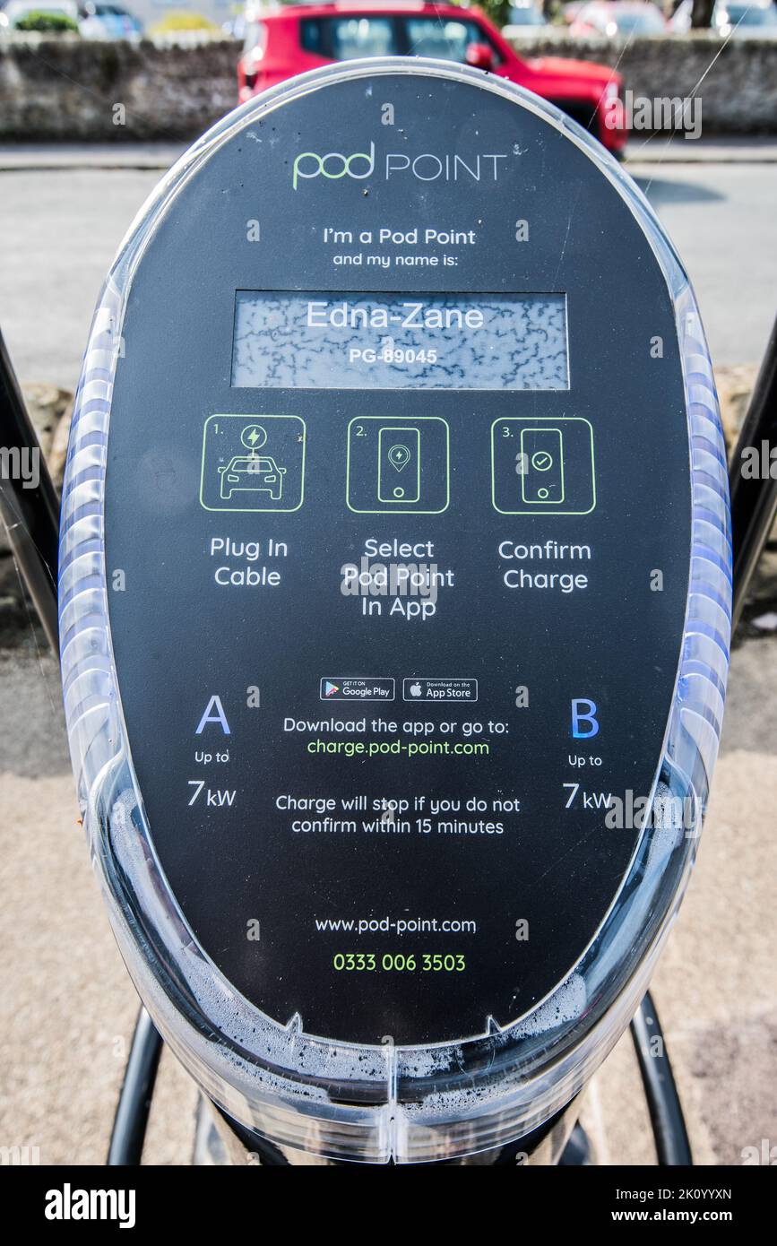 Podpoint EV charging points in Gargrave, North Yorkshire, Yorkshire Dales National Park. Electric vehicle plug-in points. Stock Photo