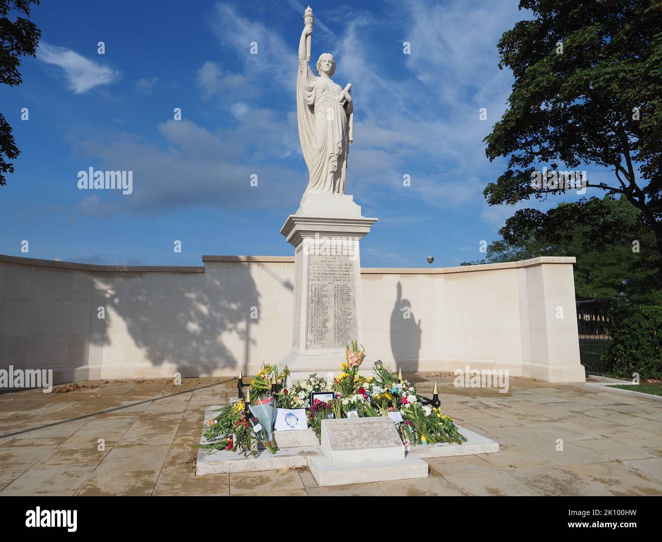 Sheerness, Kent, UK. 14th Sep, 2022. Floral tributes to Queen Elizabeth II seen at the war memorial in Sheerness, Kent. Credit: James Bell/Alamy Live News Stock Photo