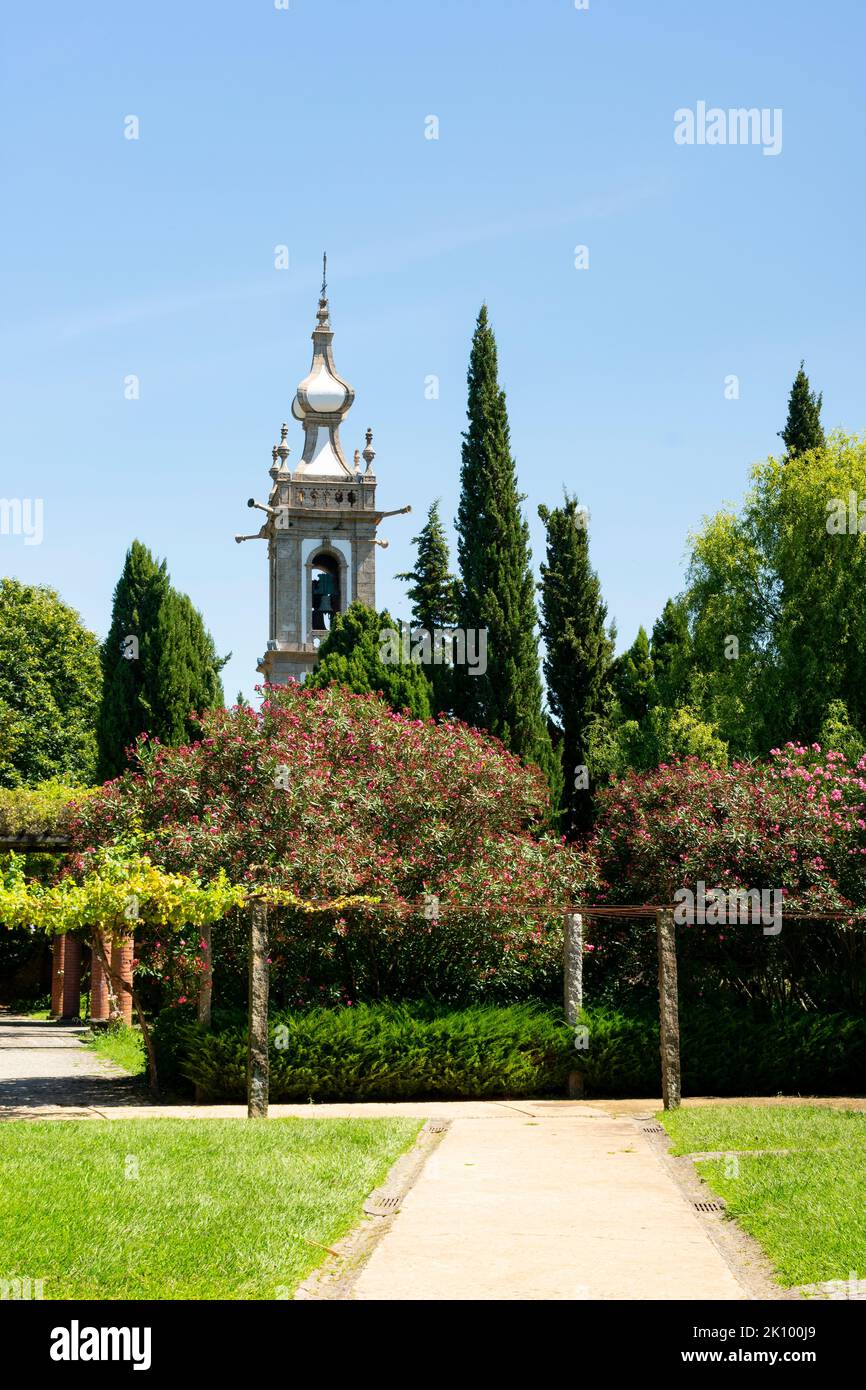 Tower of church and gardens at Ponte de Lima Portugal Stock Photo