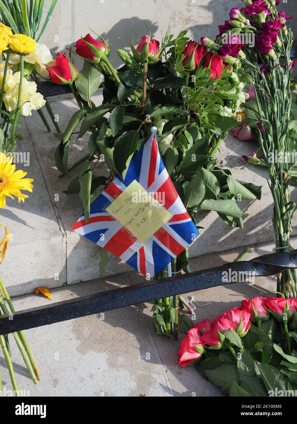 Sheerness, Kent, UK. 14th Sep, 2022. Floral tributes to Queen Elizabeth II seen at the war memorial in Sheerness, Kent. Credit: James Bell/Alamy Live News Stock Photo