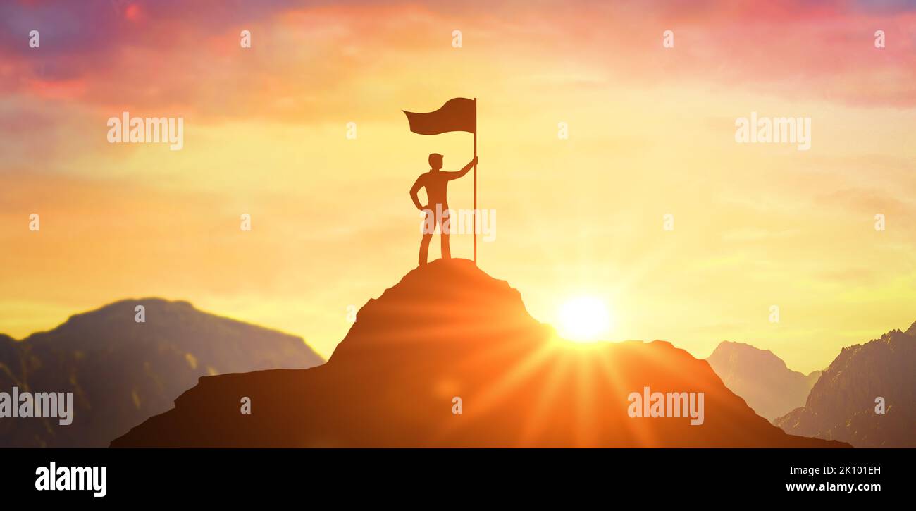 Silhouette of businessman holding flag on top mountain, sky and sun ...