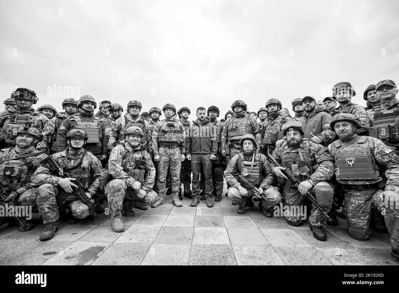 During a visit to de-occupied Izyum in the Kharkiv Region of Ukraine, President Volodymyr Zelensky met with his troops and emphasized that the residents of all temporarily occupied territories of Ukraine, including Crimea, should know that Ukraine will definitely return there, and with it, a full-fledged life will return. Photo: Ukraine Presidential Press Office. Stock Photo