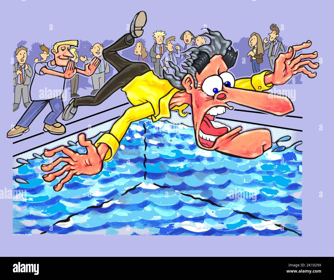 Artwork cartoon of man being pushed into swimming pool. Illustrating practical jokes, fear of water, April fool's, figure of speech (in the deep end). Stock Photo