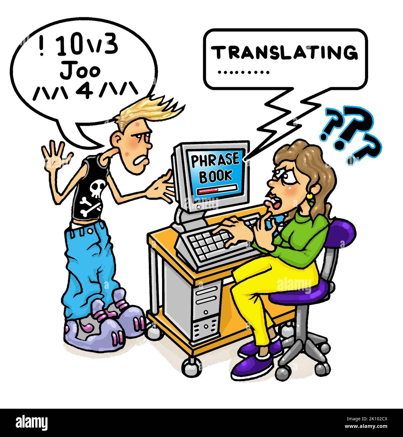 Cartoon art, funny illustration adult using computer to translate what a teenager is saying. Generation gap, slang, kids speaking a different language Stock Photo