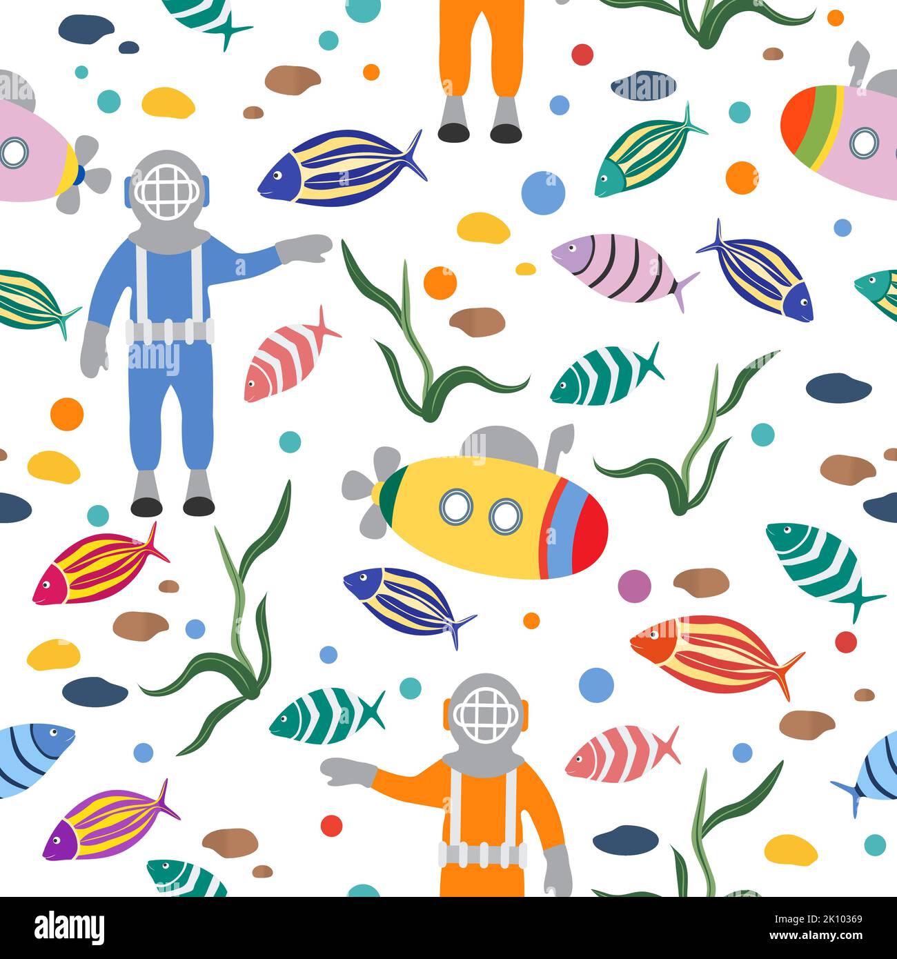 Vector seamless pattern Illustration with diver in an old diving suit ...