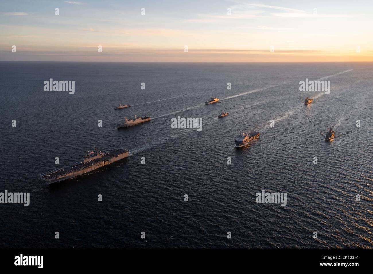 Baltic Sea, International Waters. 06 September, 2022. The U.S. Navy Wasp-class amphibious assault ship USS Kearsarge leads a formation with ships from the Netherlands, Portugal and Norway during a NATO maneuvering exercise, September 6, 2022 in the Baltic Sea.  Credit: MC2 Jesse Schwab/Planetpix/Alamy Live News Stock Photo
