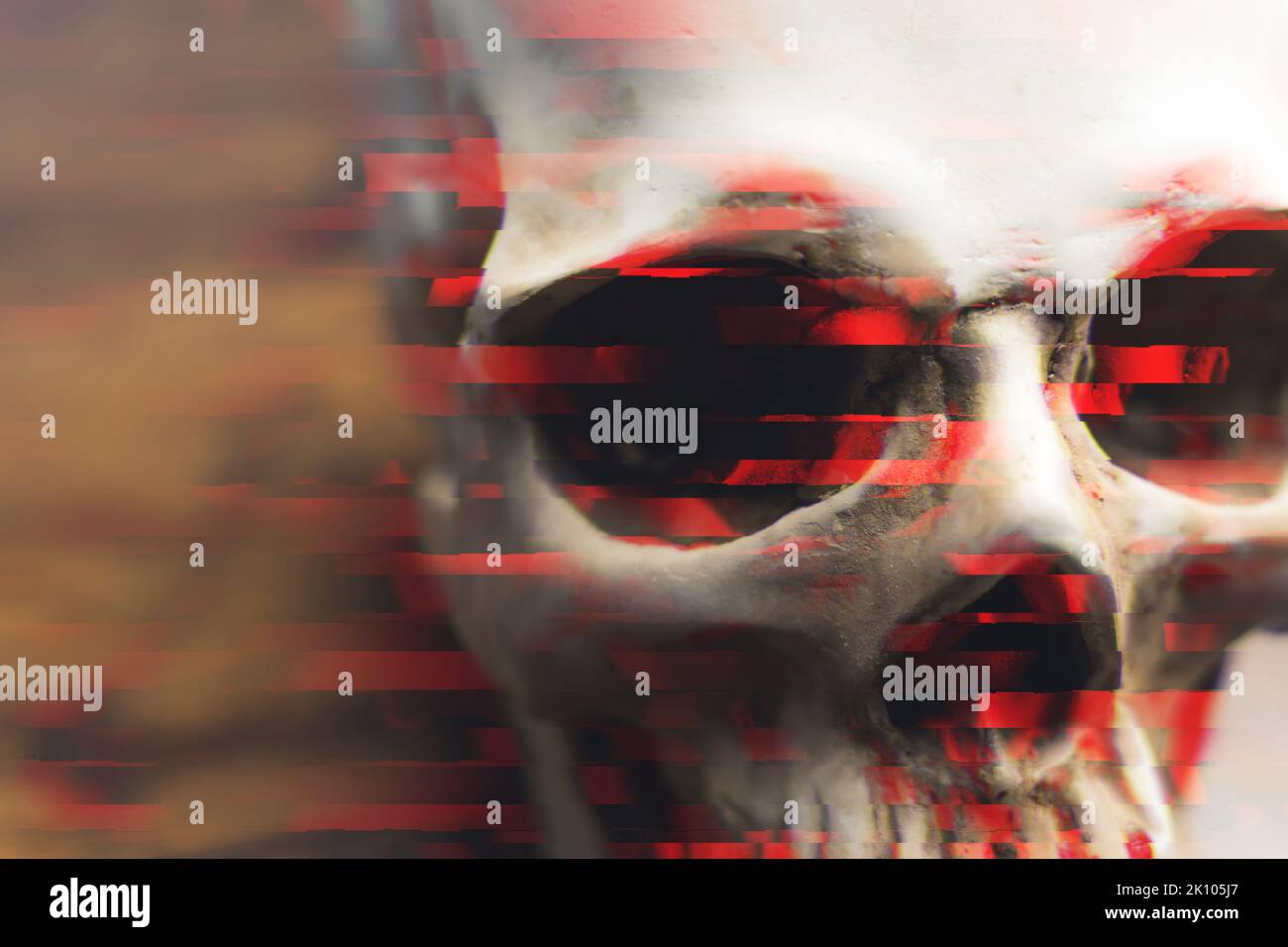 Red chromatic aberration effect used on white human skull illustration. Human anatomy. Blurred background. Death concept. High quality photo Stock Photo
