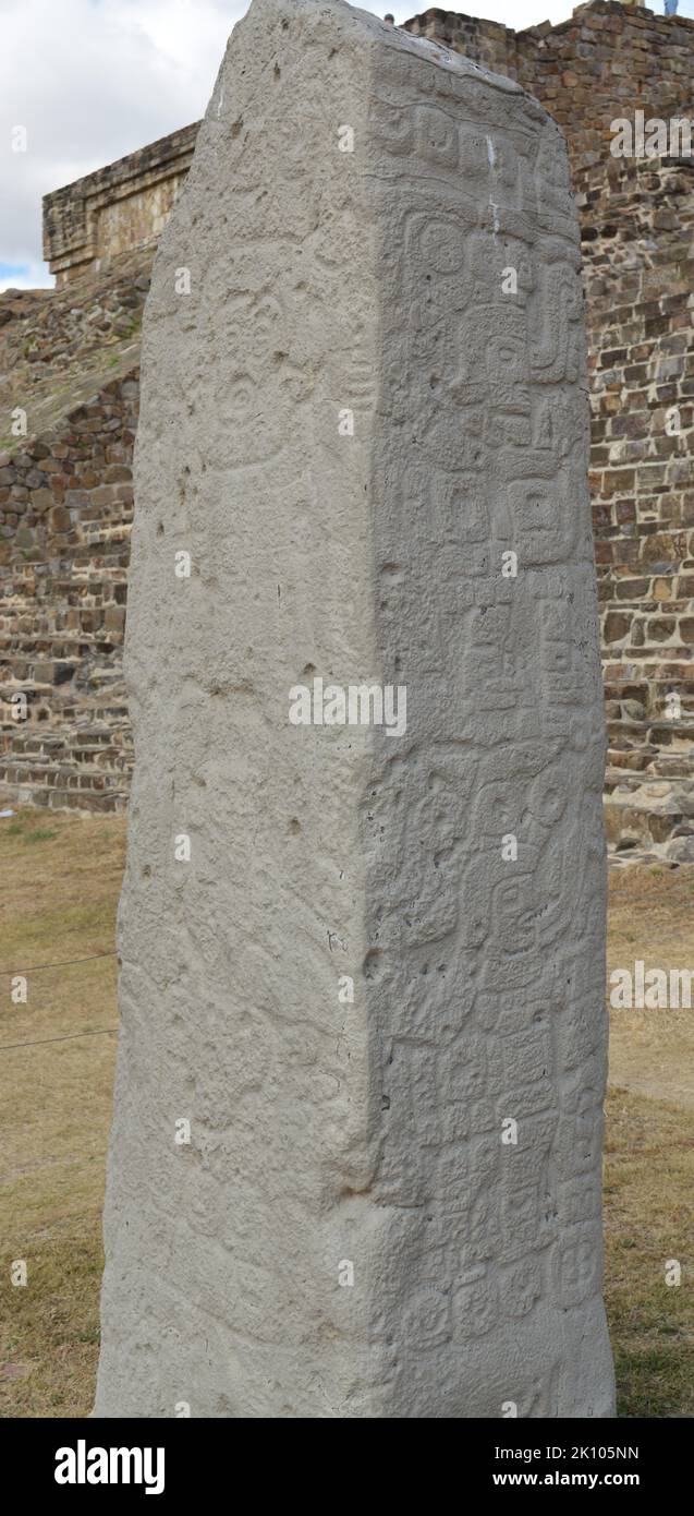 Stone Stela 9 of the Archaeological site Monte Alban. Zapotec Culture Stock Photo