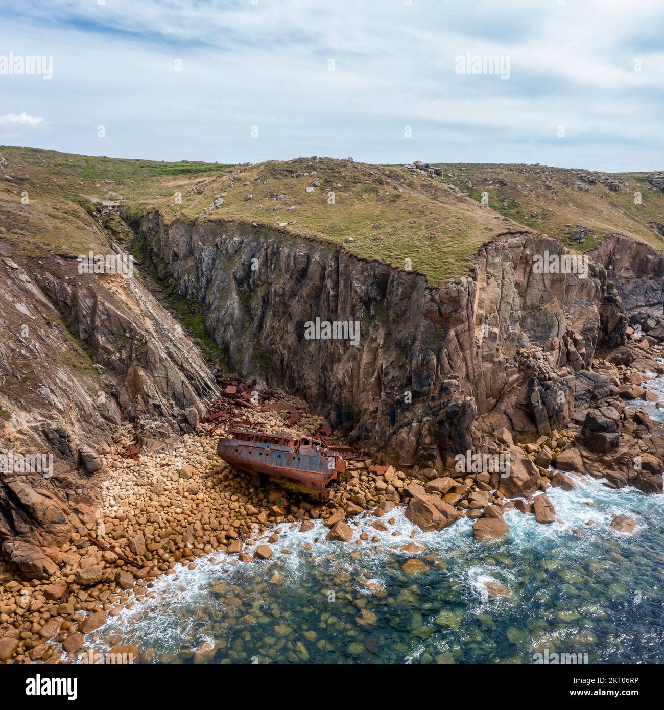 wreck of the Mulheim at sennen cove cornwall elevated view square format Stock Photo