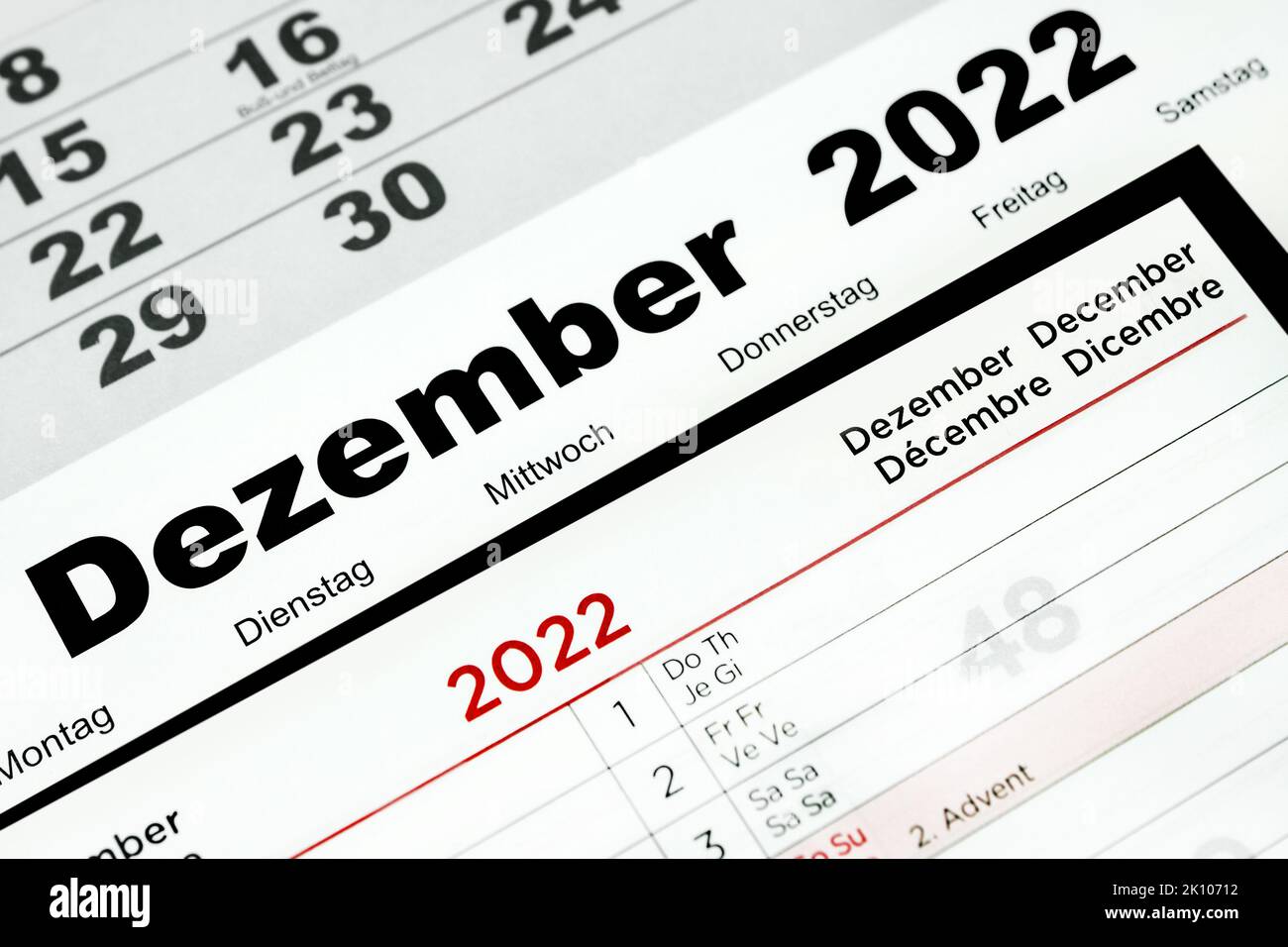 German calendar 2022  December 1    and   Monday Tuesday Wednesday Thursday Friday Saturday Sunday Stock Photo