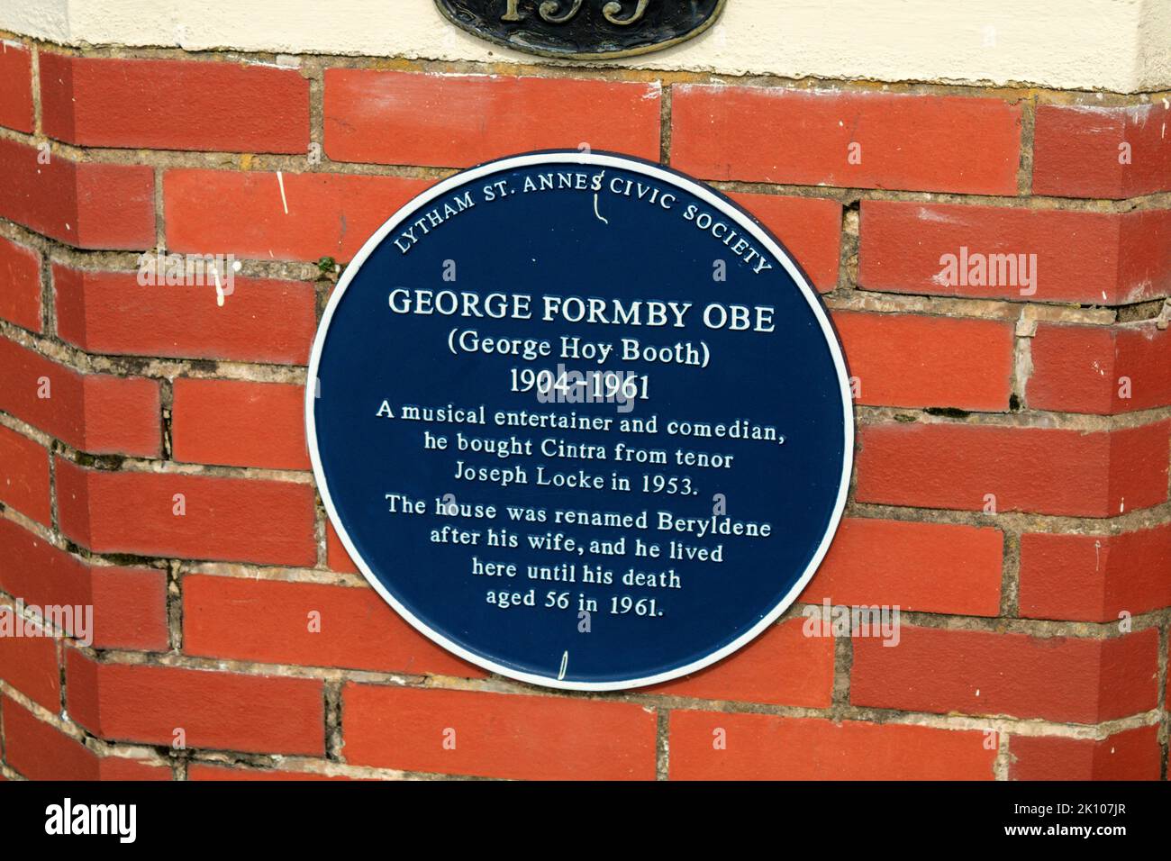 George Formby blue plaque at his former house 'Berylden' at St.Annes, Lancashire. Stock Photo