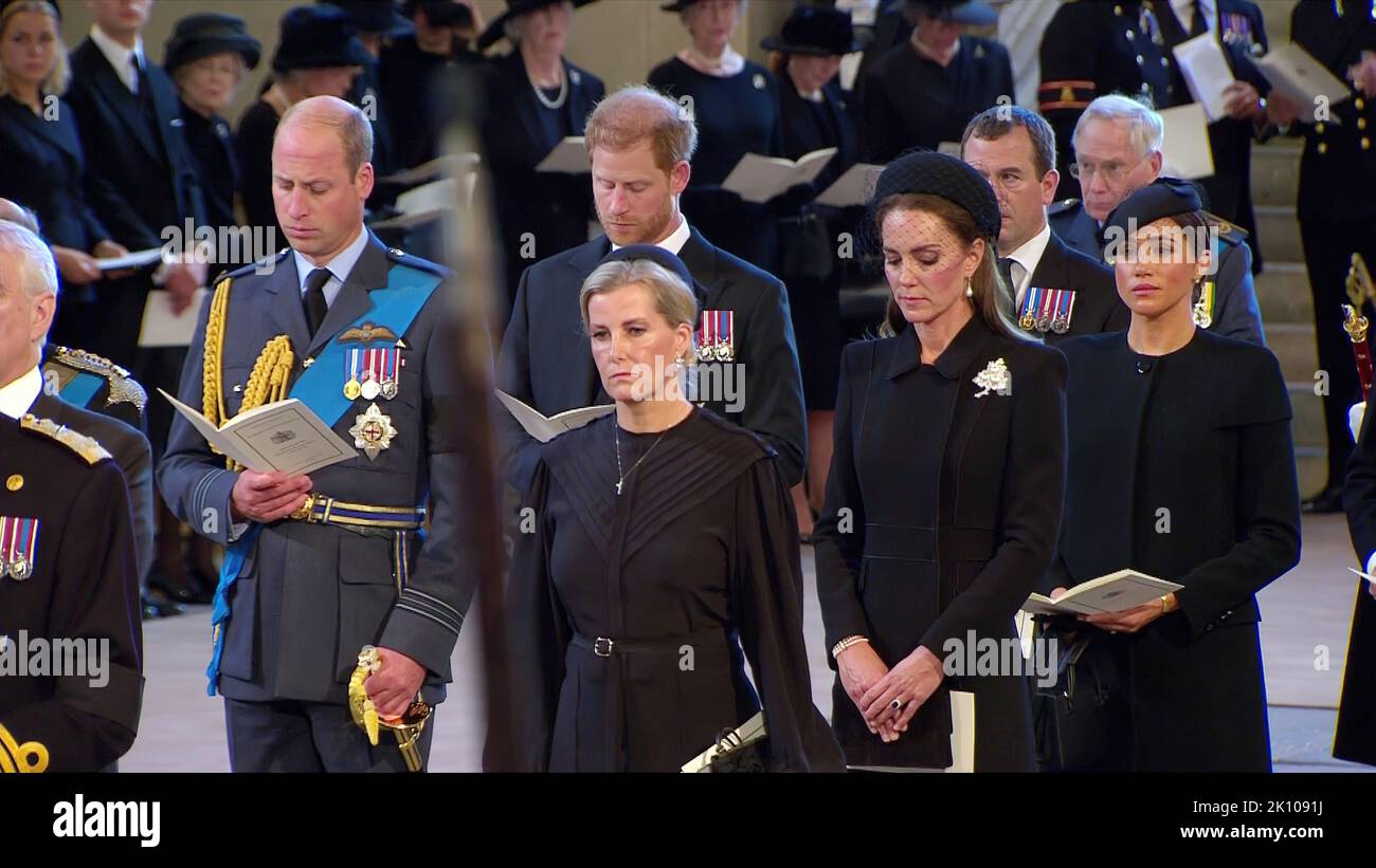 Pic shows: QueenÕs coffin procession heads to Westminster Hall today 14.9.22 Arrival at Westminster  Meghan and Harry    With King Charles Prince Will Stock Photo