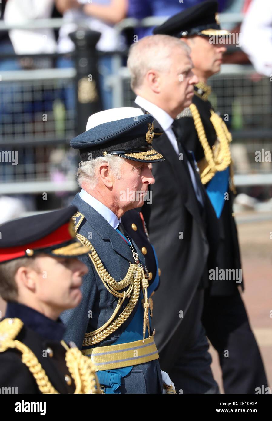 London, UK. 14th Sep, 2022. Her Majesty Queen Elizabeth II's coffin is carried on a gun carriage from Buckingham Palace towards Westminster Hall where her body will be lying in state for four days followed by her children King Charles III, Princess Anne, Prince Andrew, Prince Edward, Prince William and Prince Harry in London, on Wednesday, September 14, 2022. Photo by Hugo Philpott/UPI Credit: UPI/Alamy Live News Stock Photo