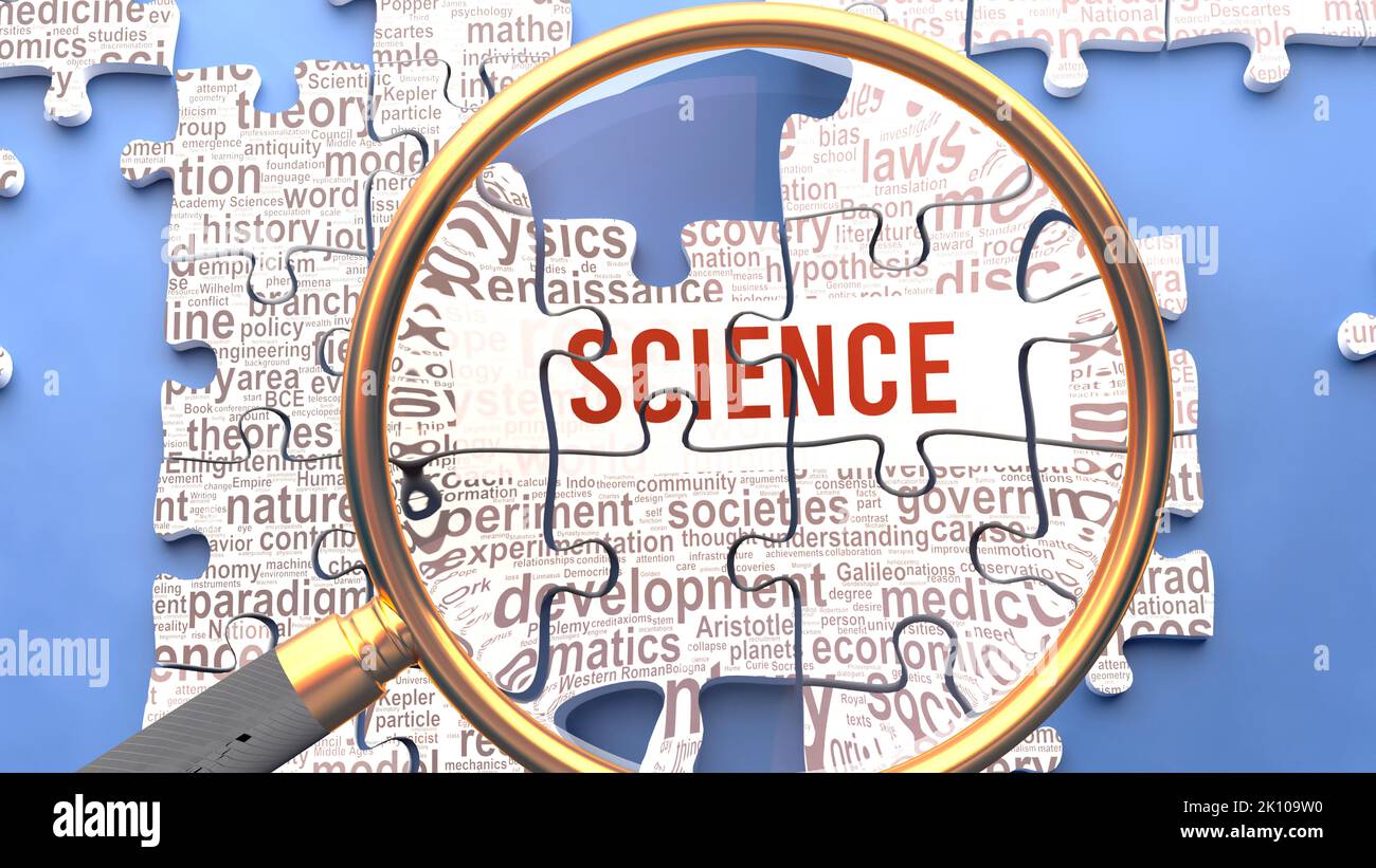 Science as a complex and multipart topic under close inspection. Complexity shown as matching puzzle pieces defining dozens of vital ideas and concept Stock Photo